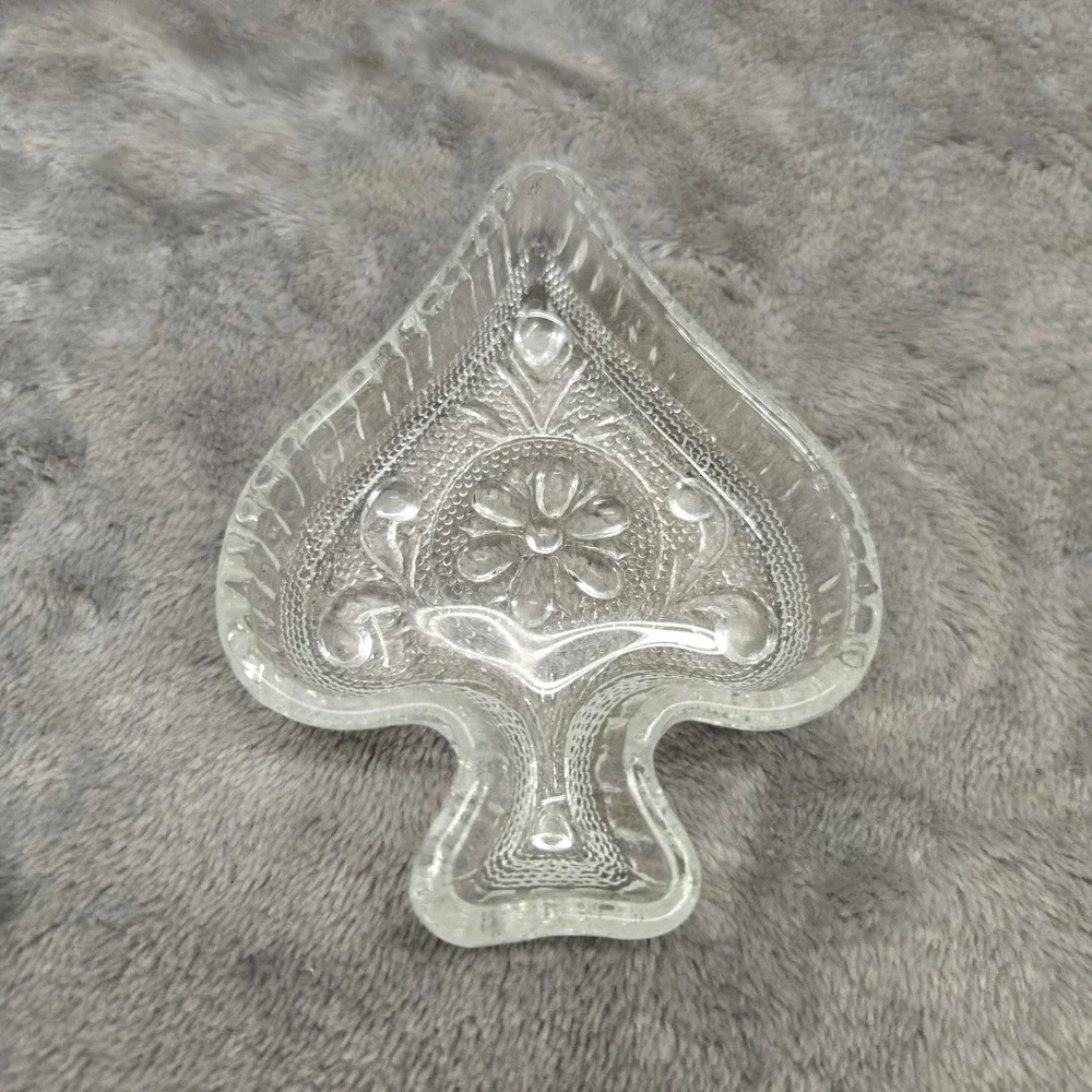 Vintage Clear Pressed Glass Ace of Spades Trinket Dish Floral Pattern Card Suit